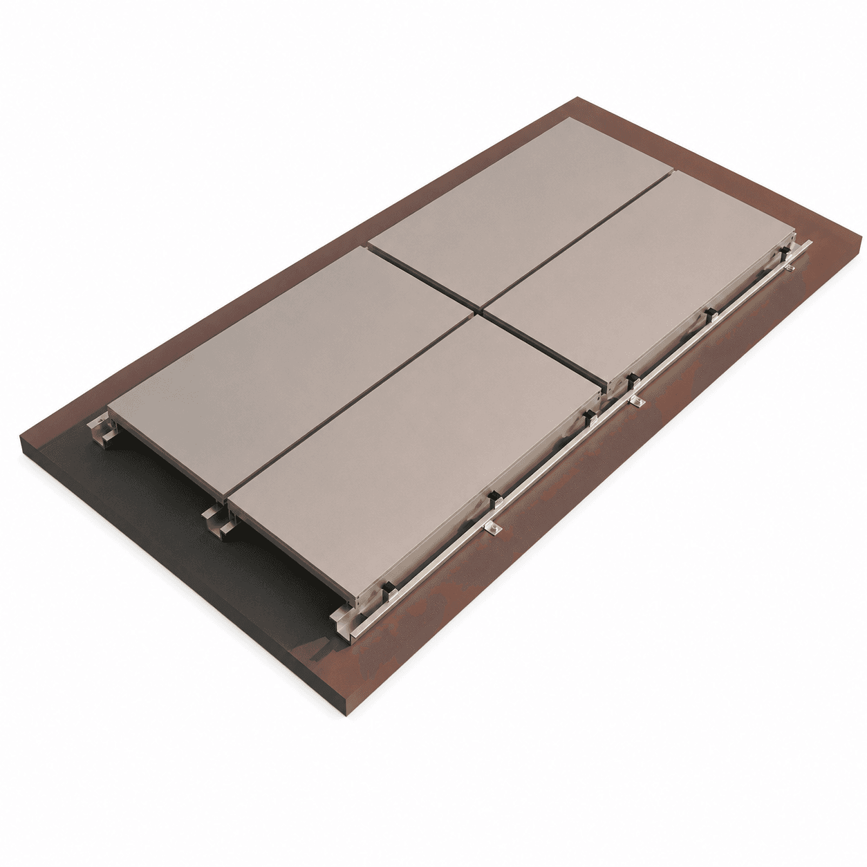 Modular underfloor access panels on a brown base with metal rails and brackets.